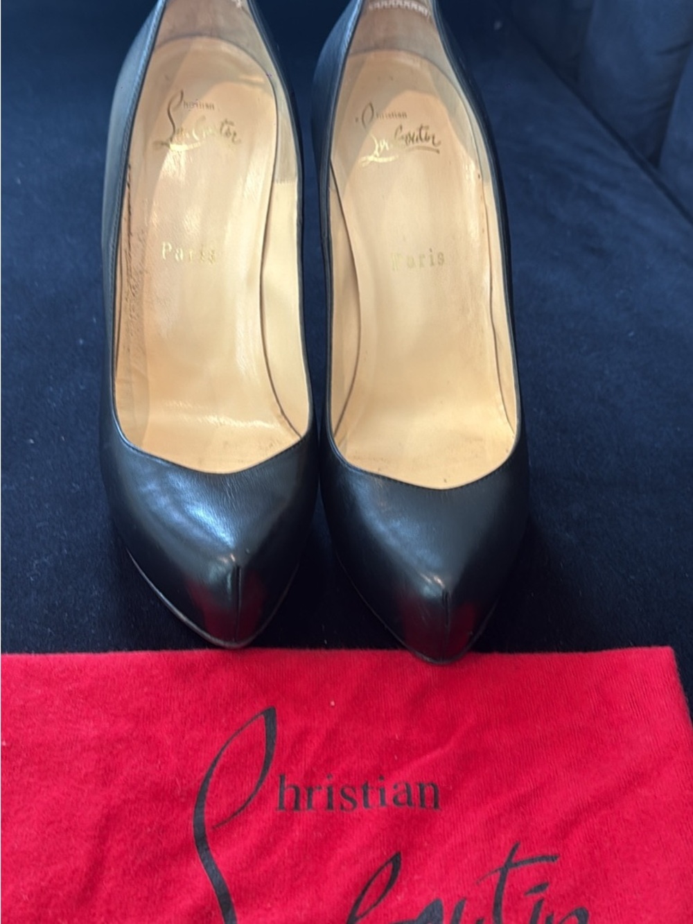 Christian Louboutin Black Pointed Leather Pumps with Red Dust Bag Accent